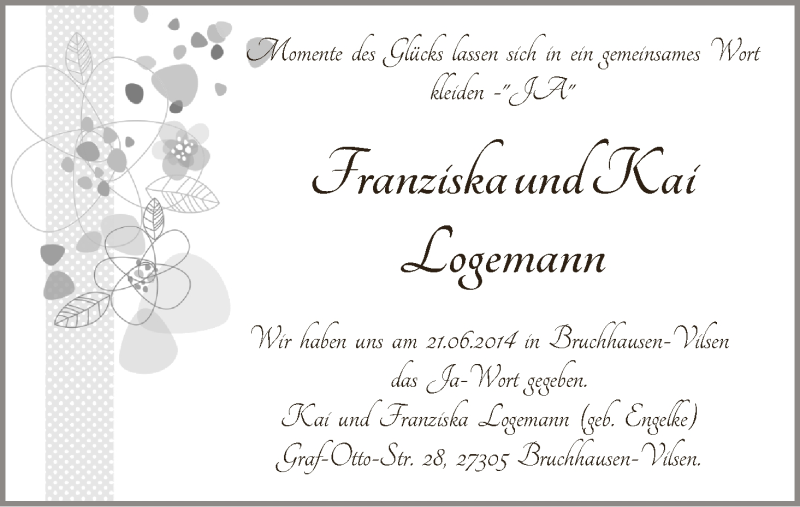 Hochzeitsanzeige von Franziska Logenann von WESER-KURIER