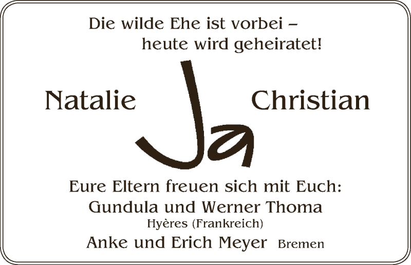 Hochzeitsanzeige von Natalie  von WESER-KURIER