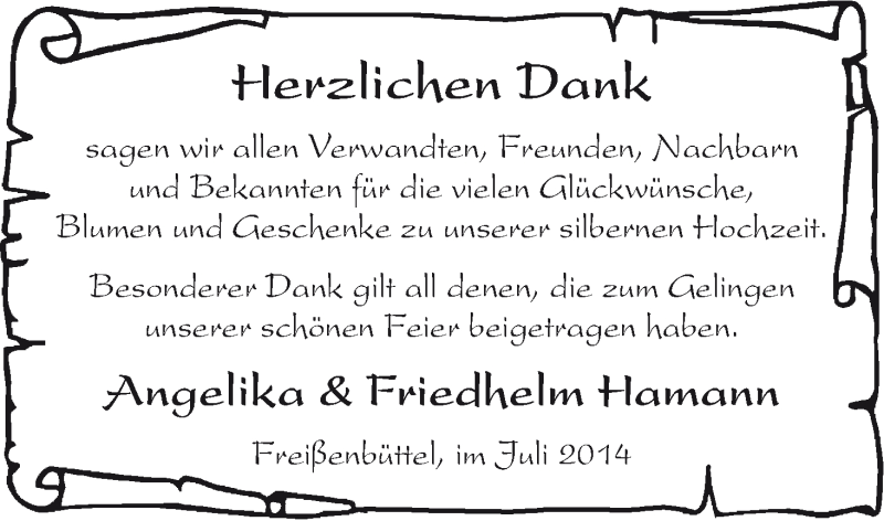 Hochzeitsanzeige von Angelika Hamann von WESER-KURIER