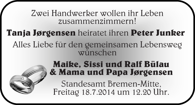 Hochzeitsanzeige von Tanja Jorgensen von WESER-KURIER