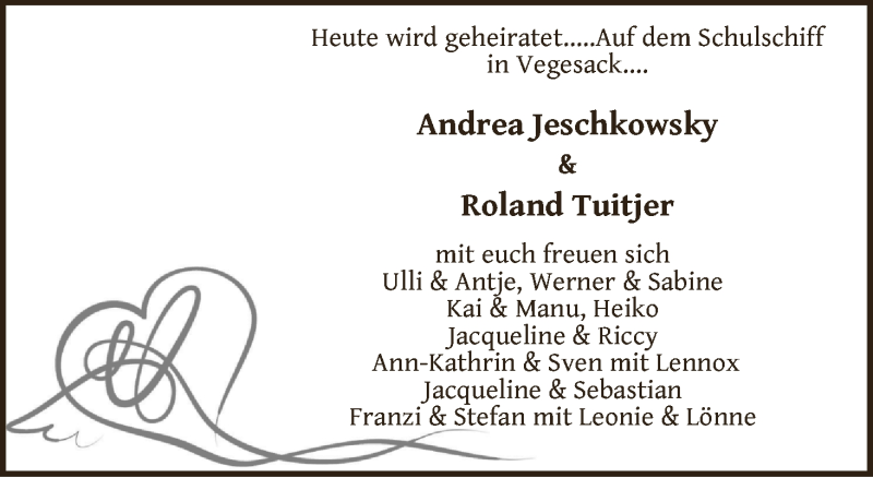 Hochzeitsanzeige von Andrea Jeschowsky von WESER-KURIER