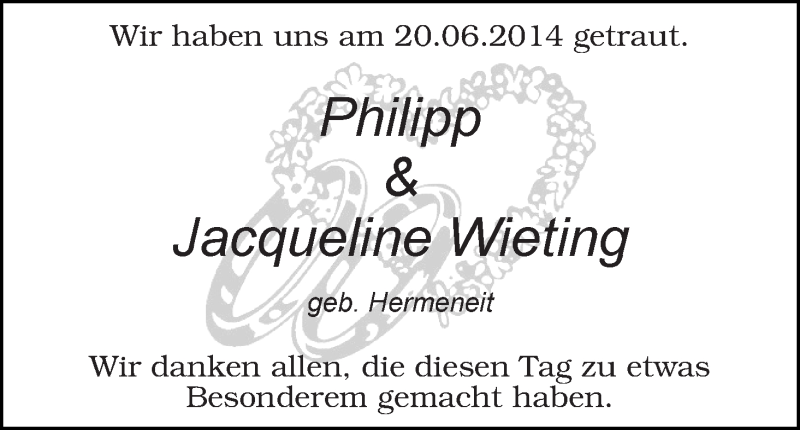Hochzeitsanzeige von Philipp Wieting von WESER-KURIER