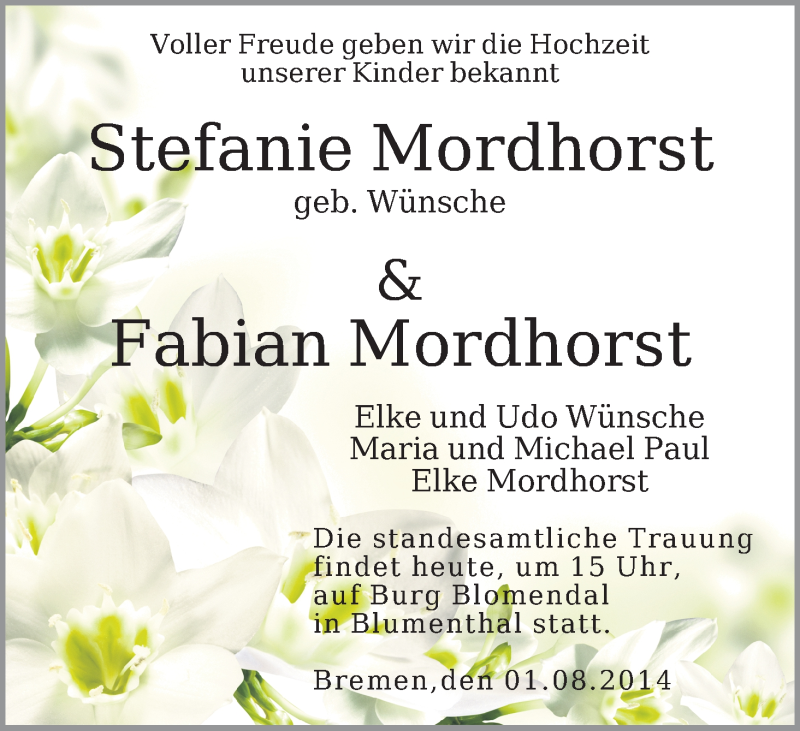 Hochzeitsanzeige von Stefanie Mordhorst von WESER-KURIER