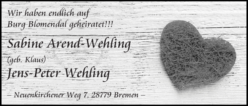 Hochzeitsanzeige von Sabine Ahrend-Wehling von WESER-KURIER