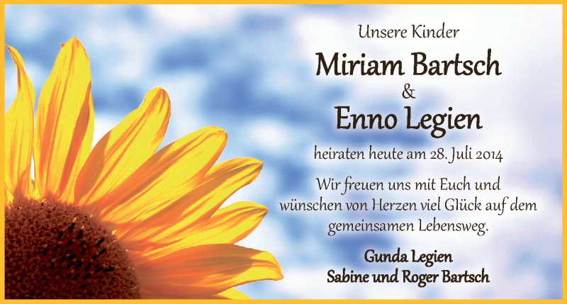 Hochzeitsanzeige von Miriam Bartsch von WESER-KURIER