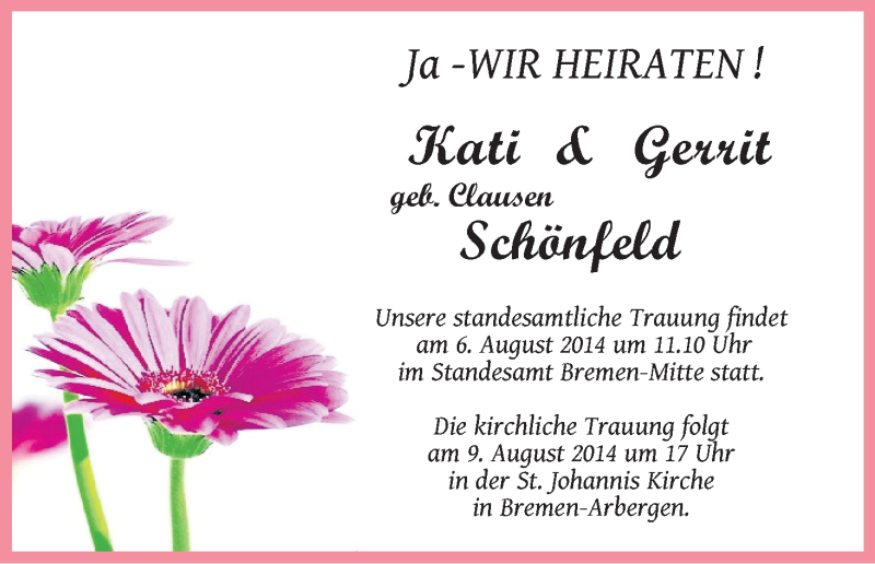 Hochzeitsanzeige von Kati Schönfeld von WESER-KURIER