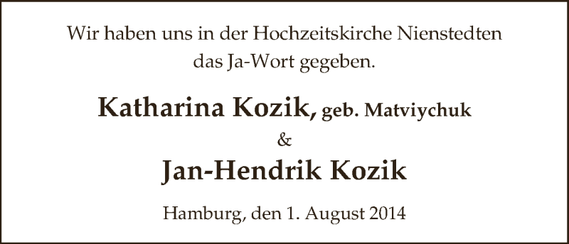 Hochzeitsanzeige von Katharina Kozik von WESER-KURIER