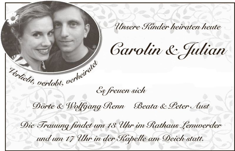 Hochzeitsanzeige von Carolin  von WESER-KURIER