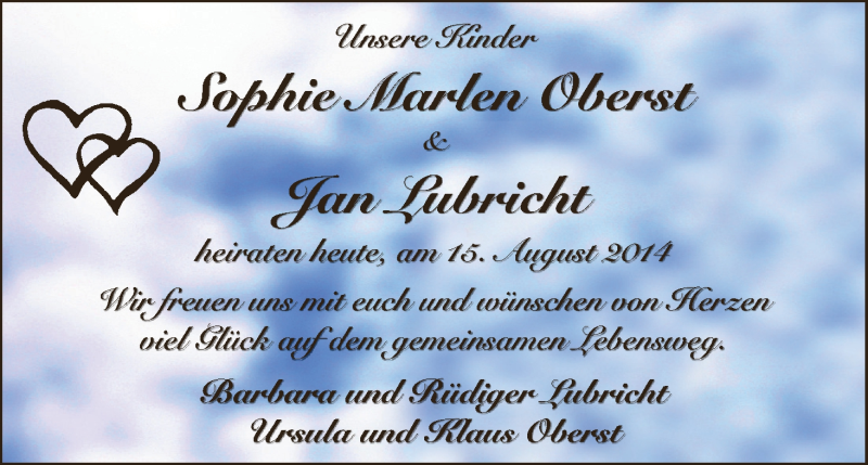 Hochzeitsanzeige von Sophie Marlen Oberst von WESER-KURIER