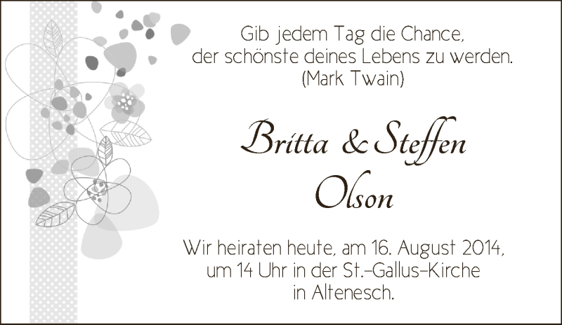 Hochzeitsanzeige von Britta Olson von WESER-KURIER