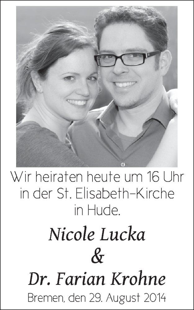 Hochzeitsanzeige von Nicole Lucka von WESER-KURIER