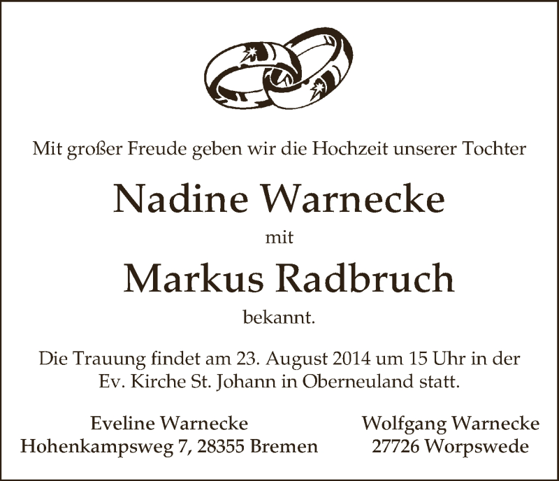 Hochzeitsanzeige von Nadine Warnecke von WESER-KURIER