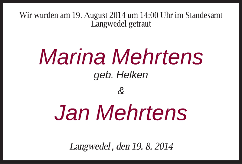 Hochzeitsanzeige von Marina Mehrtens von WESER-KURIER