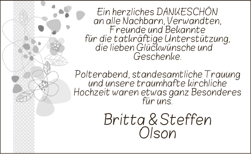Hochzeitsanzeige von Britta Olson von WESER-KURIER