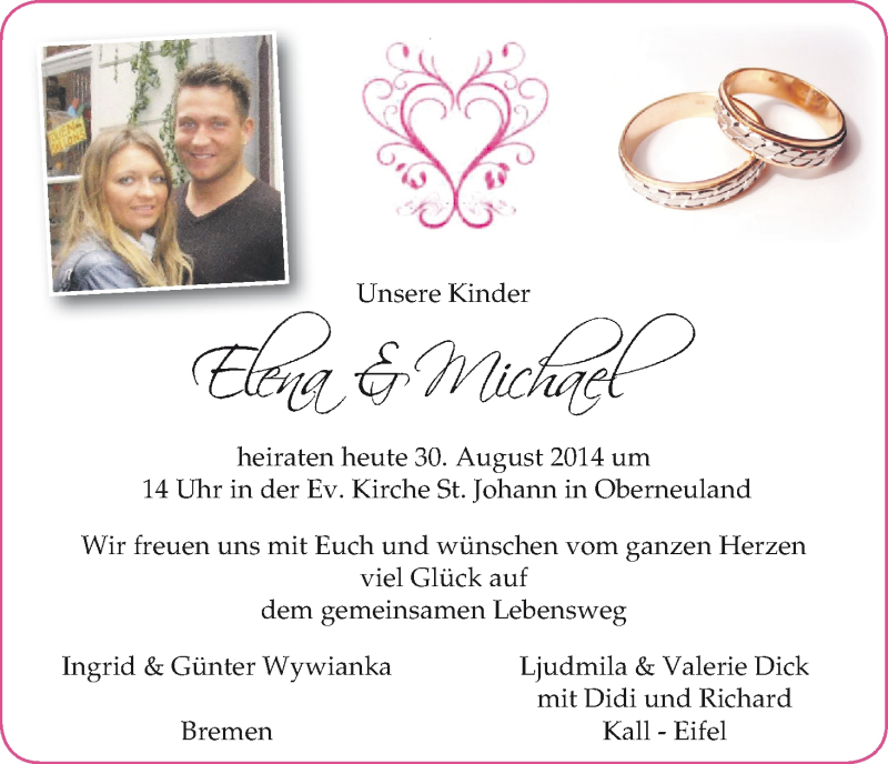 Hochzeitsanzeige von Elena  von WESER-KURIER