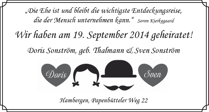 Hochzeitsanzeige von Doris Sonström von WESER-KURIER