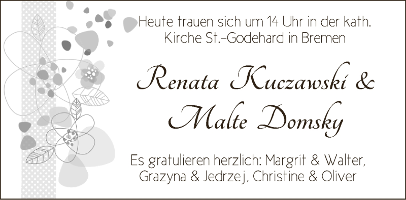 Hochzeitsanzeige von Renata Kuczawski von WESER-KURIER