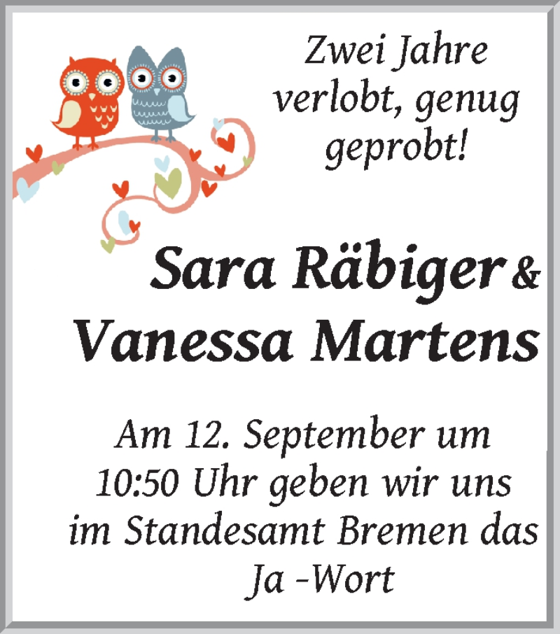 Hochzeitsanzeige von Sara Räbiger von WESER-KURIER
