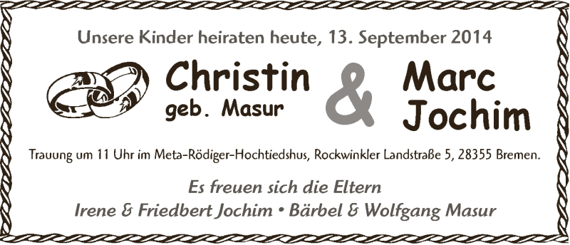 Hochzeitsanzeige von Christin Jochim von WESER-KURIER