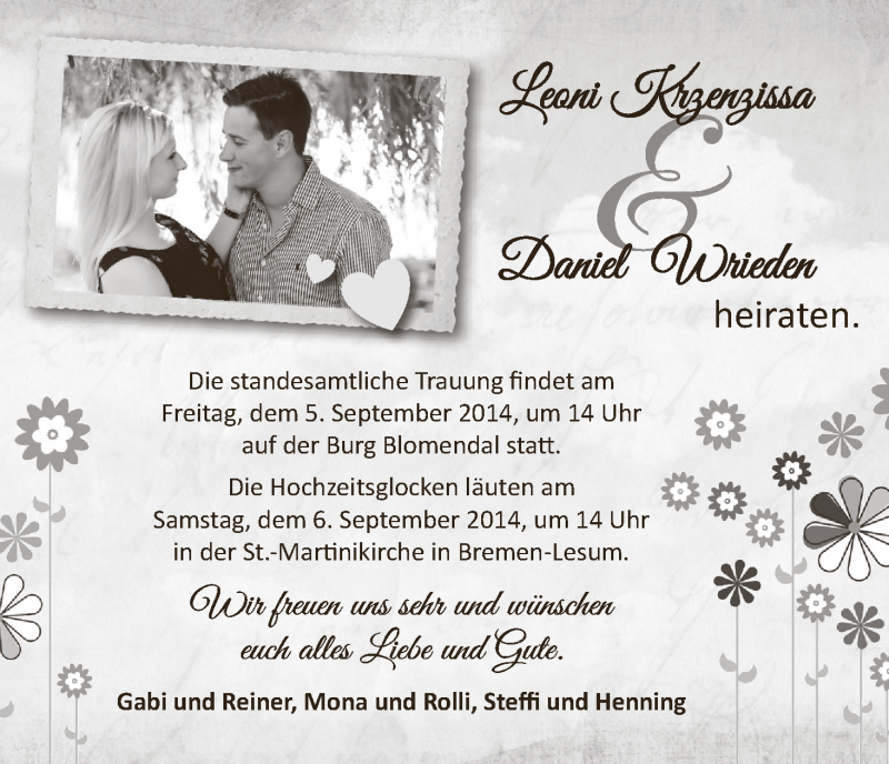 Hochzeitsanzeige von Leonie Krzenzissa von WESER-KURIER