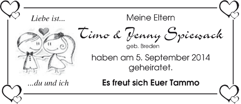 Hochzeitsanzeige von Timo Spiewack von WESER-KURIER