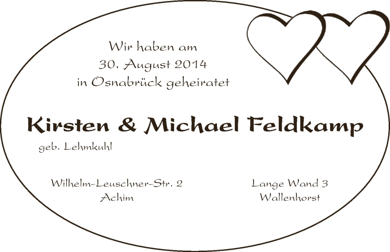 Hochzeitsanzeige von Kirsten Feldkamp von WESER-KURIER