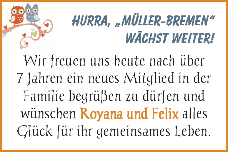 Hochzeitsanzeige von Royana  von WESER-KURIER