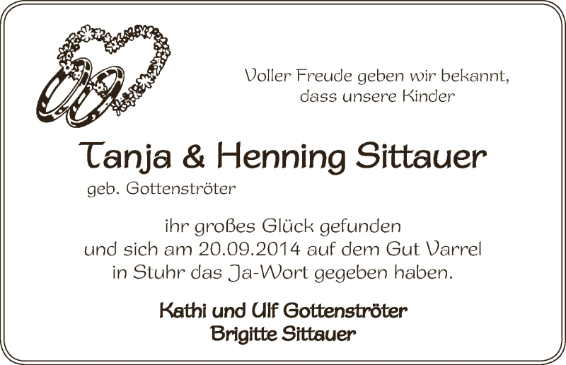 Hochzeitsanzeige von Tanja Sittauer von WESER-KURIER