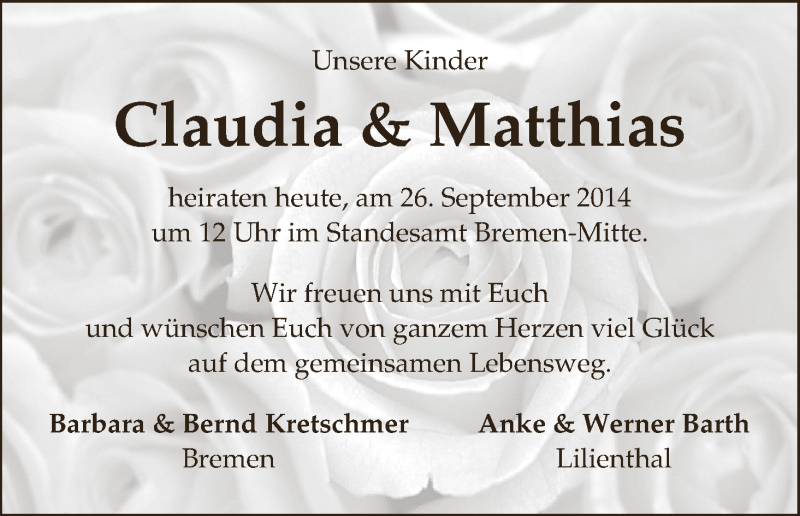 Hochzeitsanzeige von Claudia  von WESER-KURIER