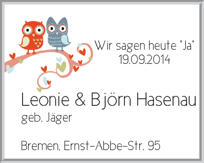 Hochzeitsanzeige von Leonie Hasenau von WESER-KURIER