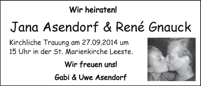 Hochzeitsanzeige von Jana Asendorf von WESER-KURIER