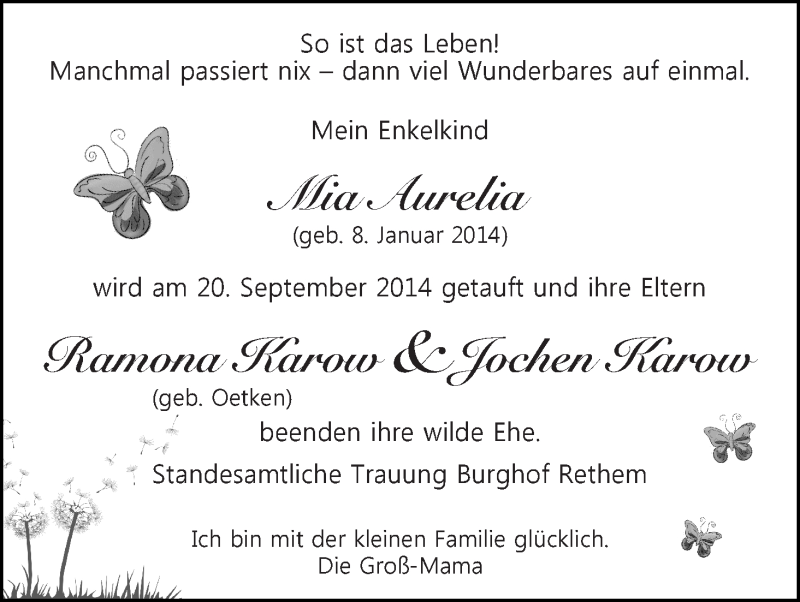 Hochzeitsanzeige von Ramona Karow von WESER-KURIER