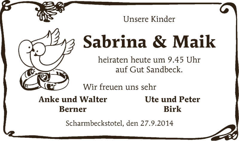 Hochzeitsanzeige von Sabrina  von WESER-KURIER