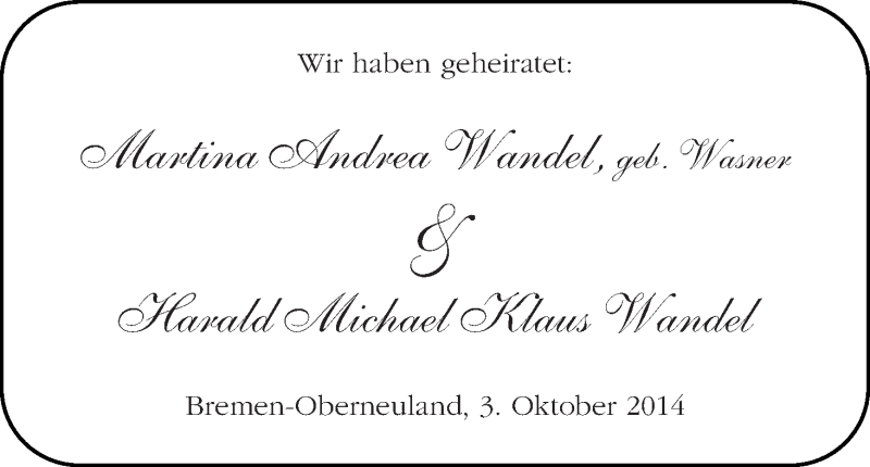 Hochzeitsanzeige von Martina Andrea Wandel von WESER-KURIER