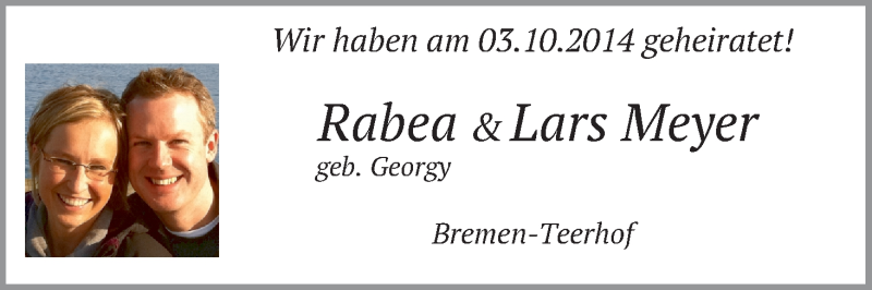 Hochzeitsanzeige von Rabea Meyer von WESER-KURIER