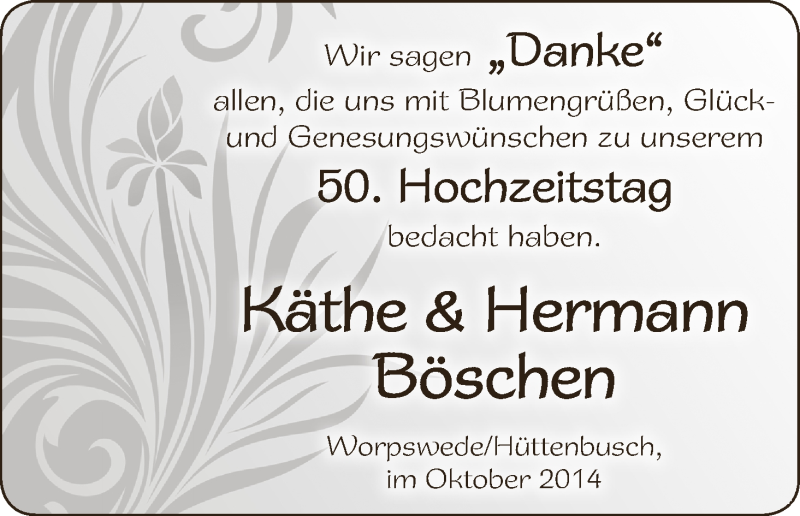 Hochzeitsanzeige von Käthe Böschen von WESER-KURIER