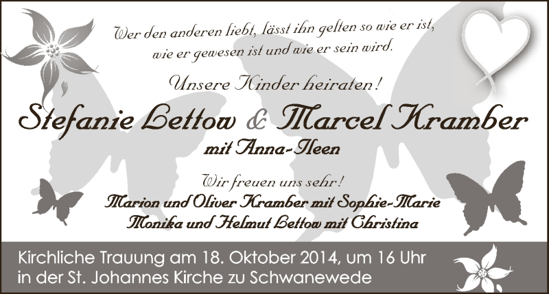 Hochzeitsanzeige von Stefanie Lettow von WESER-KURIER