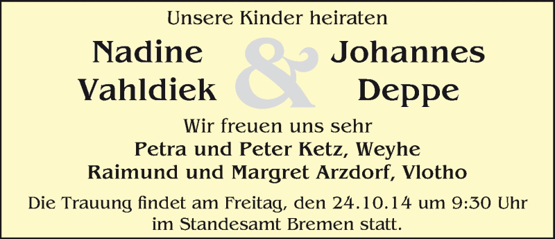 Hochzeitsanzeige von Nadine Vahldiek von WESER-KURIER