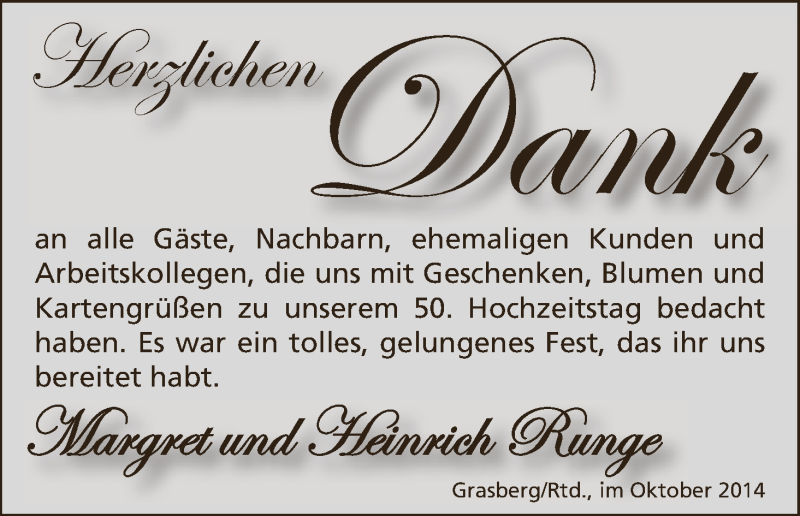 Hochzeitsanzeige von Margret Runge von WESER-KURIER