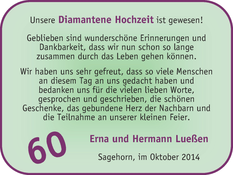 Hochzeitsanzeige von Erna Lueßen von WESER-KURIER