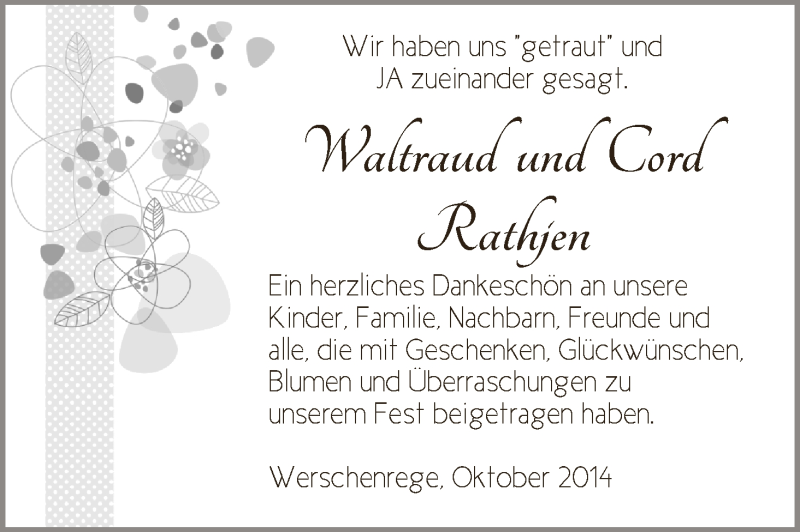 Hochzeitsanzeige von Waltraud Rathjen von WESER-KURIER