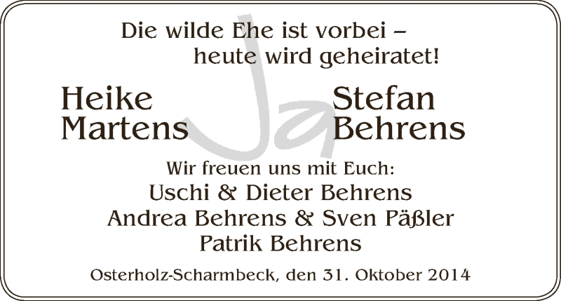 Hochzeitsanzeige von Heike Martens von WESER-KURIER