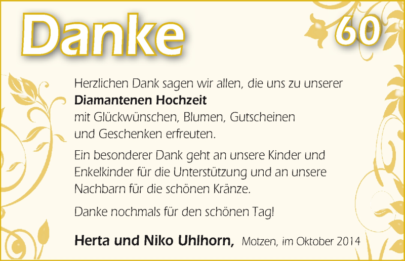 Hochzeitsanzeige von Herzlichen Dank  Diamantenen Hochzeit von WESER-KURIER