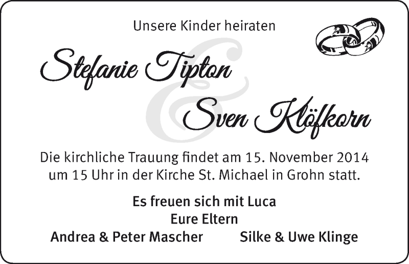 Hochzeitsanzeige von Stefanie Tipton von WESER-KURIER