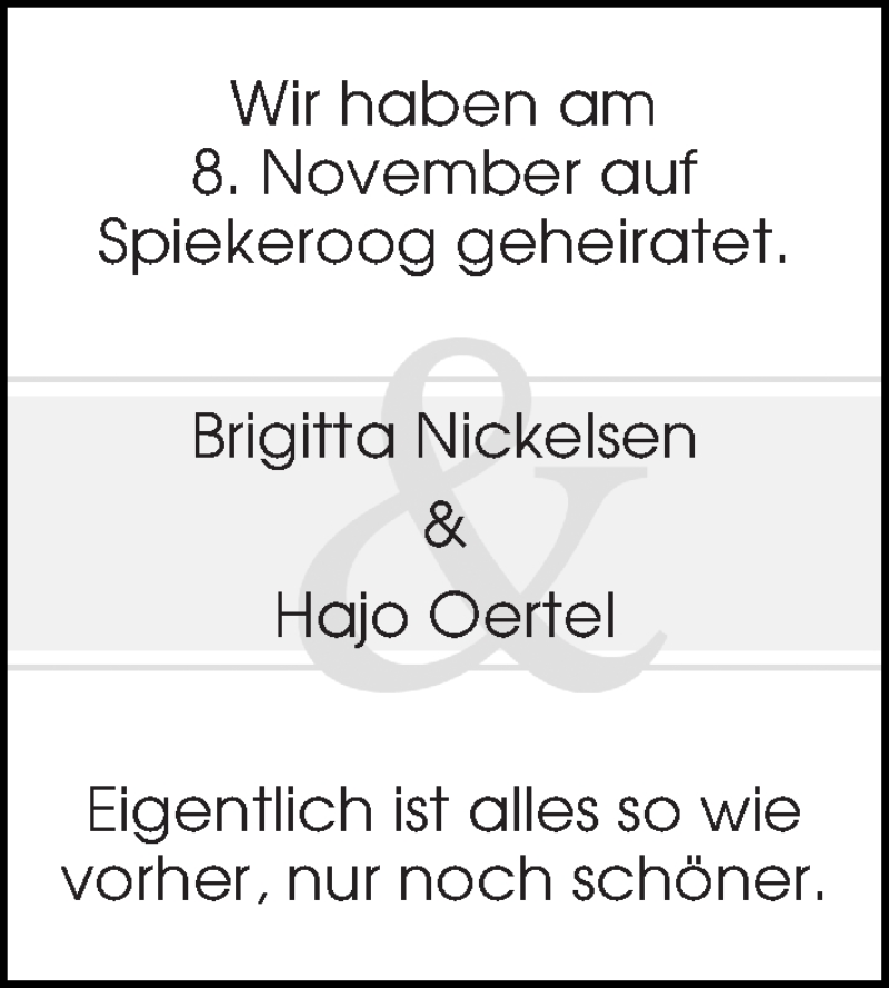 Hochzeitsanzeige von Brigitta Nickelsen von WESER-KURIER