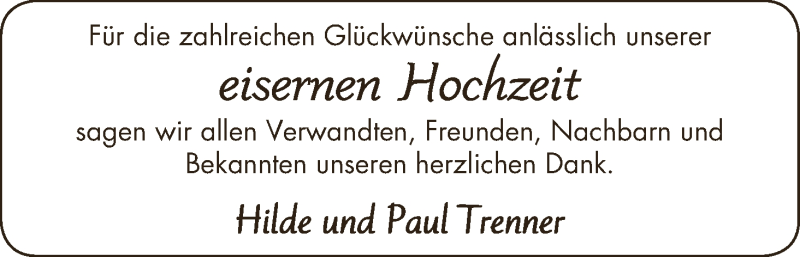 Hochzeitsanzeige von Hilde Trenner von WESER-KURIER