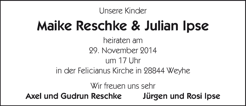 Hochzeitsanzeige von Maike Reschke von WESER-KURIER