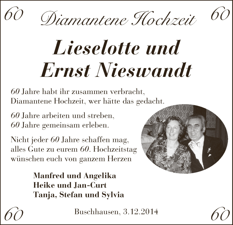 Hochzeitsanzeige von Lieselotte Nieswandt von WESER-KURIER