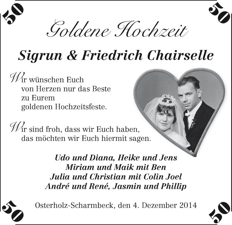 Hochzeitsanzeige von Sigrun Chairselle von WESER-KURIER