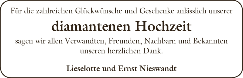 Hochzeitsanzeige von Lieselotte Nieswandt von WESER-KURIER